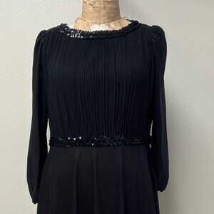EUC Vintage S.L. Petites Sequined Trim Sheer Long Sleeve Black Dress size 10